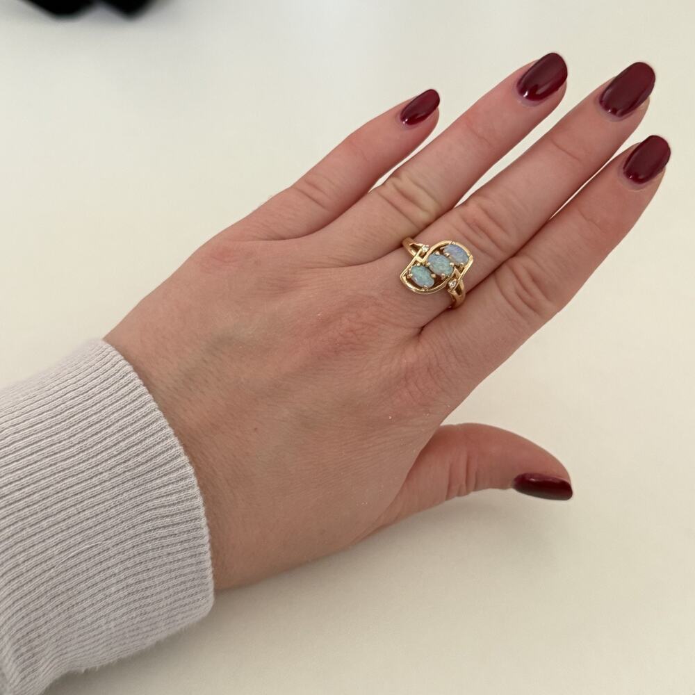 14K Yellow Gold Fire Opal 3 Stone Diamond Band Ring Size 6 - Picture 7 of 16